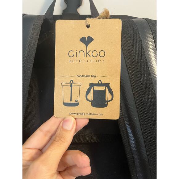 Ginkgo Large Rolltop Backpack Black with Yellow Reflective Stripes Biking Laptop - Picture 2 of 9